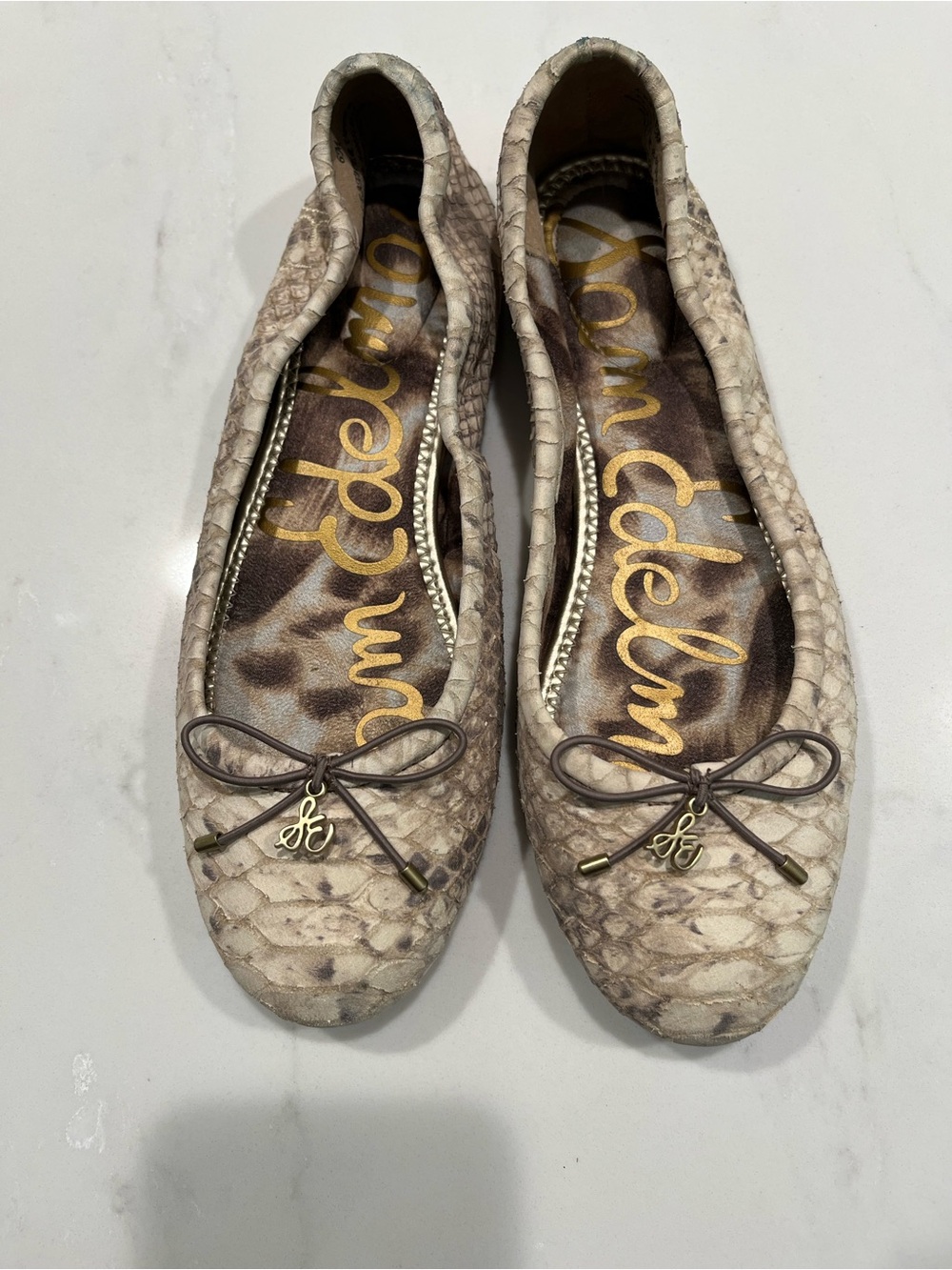 Sam Edelman Neutral Snakeskin-Effect Ballet Flats with Bow